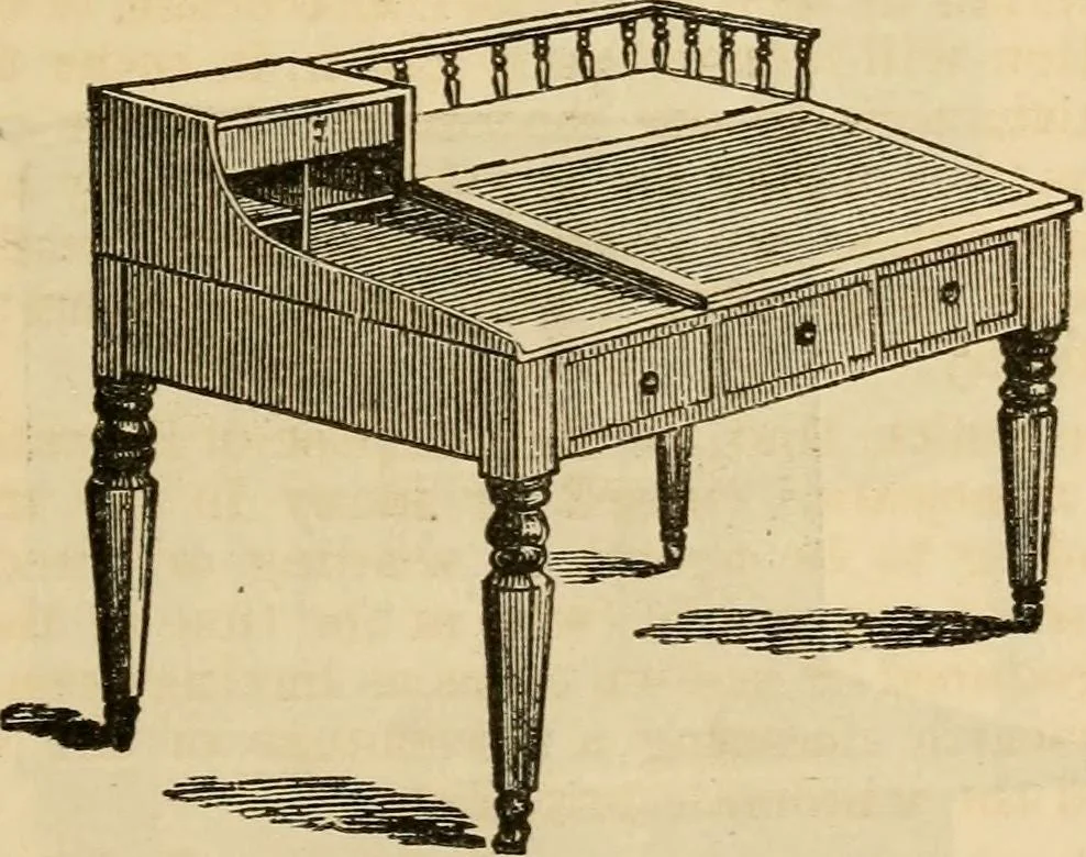 An illustration from Designs of writing desks, tables, bookcases, secretaries, etc., etc., 1873, leaf 4