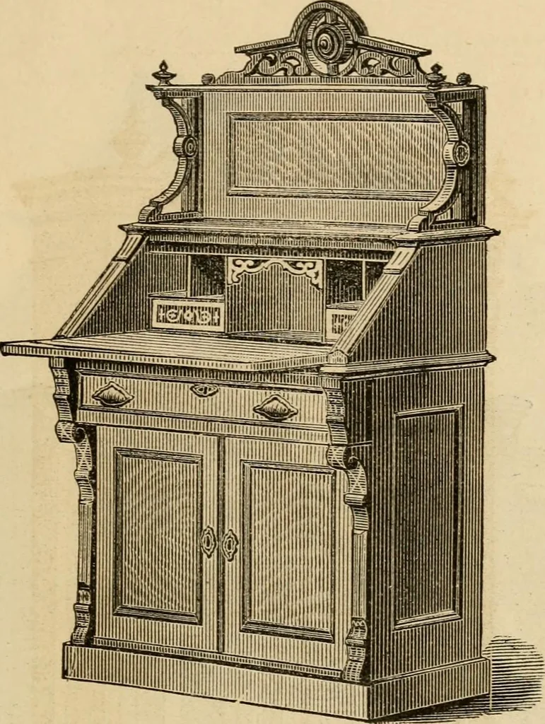An illustration from Designs of writing desks, tables, bookcases, secretaries, etc., etc., 1873, leaf 46