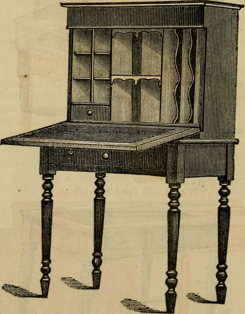 An illustration from Designs of writing desks, tables, bookcases, secretaries, etc., etc., 1873, leaf 5