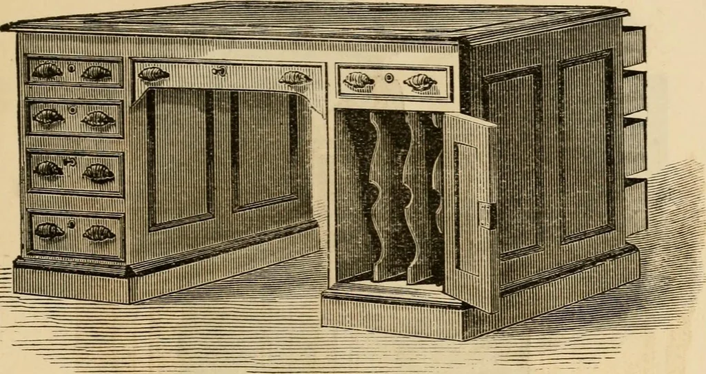 An illustration from Designs of writing desks, tables, bookcases, secretaries, etc., etc., 1873, leaf 50