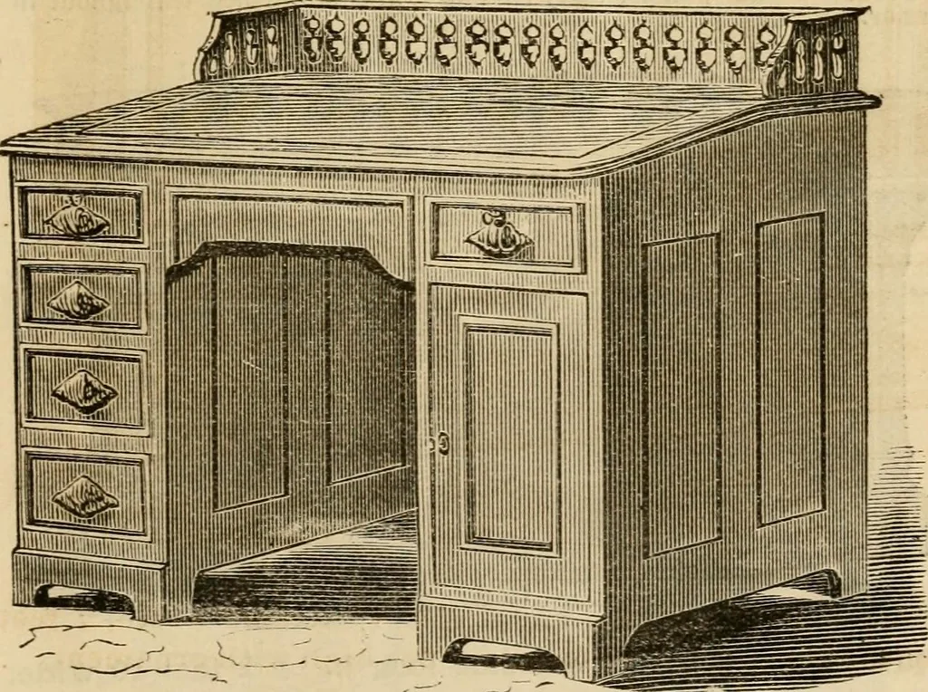 An illustration from Designs of writing desks, tables, bookcases, secretaries, etc., etc., 1873, leaf 50