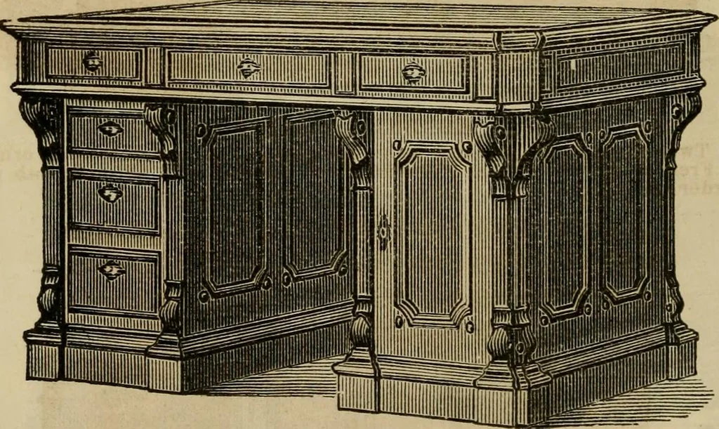 An illustration from Designs of writing desks, tables, bookcases, secretaries, etc., etc., 1873, leaf 51
