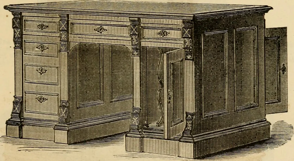 An illustration from Designs of writing desks, tables, bookcases, secretaries, etc., etc., 1873, leaf 52