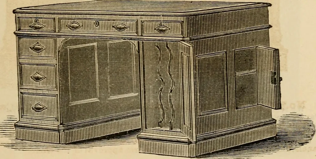 An illustration from Designs of writing desks, tables, bookcases, secretaries, etc., etc., 1873, leaf 52