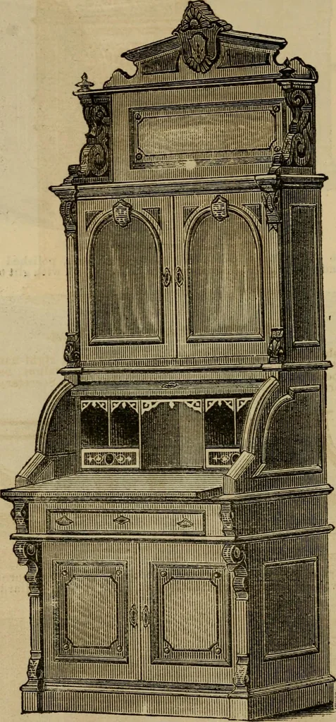 An illustration from Designs of writing desks, tables, bookcases, secretaries, etc., etc., 1873, leaf 53