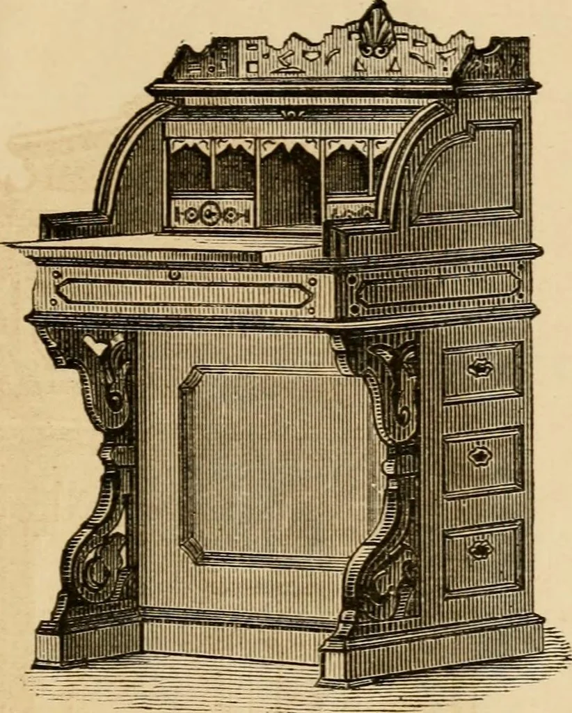 An illustration from Designs of writing desks, tables, bookcases, secretaries, etc., etc., 1873, leaf 54