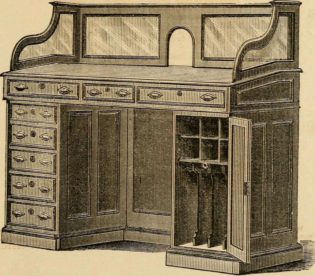 An illustration from Designs of writing desks, tables, bookcases, secretaries, etc., etc., 1873, leaf 54