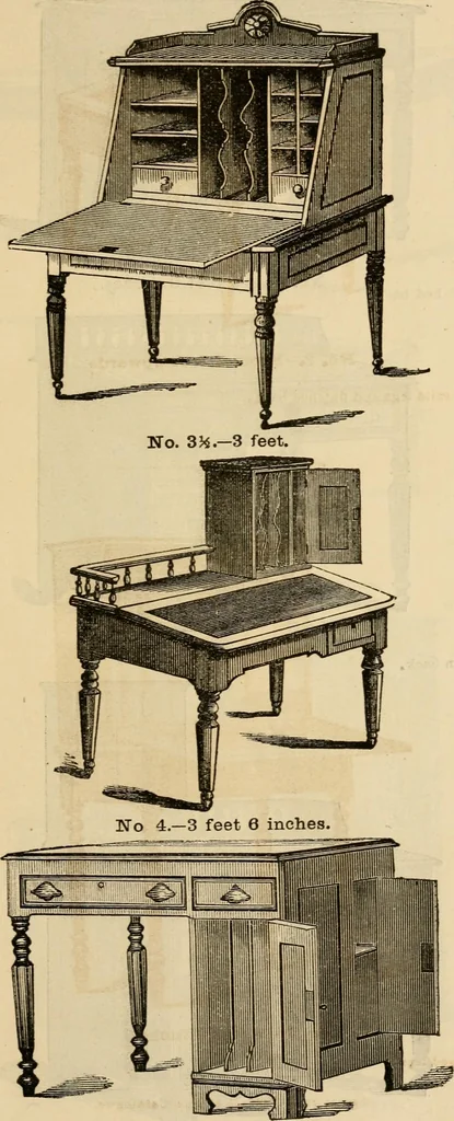 An illustration from Designs of writing desks, tables, bookcases, secretaries, etc., etc., 1873, leaf 6