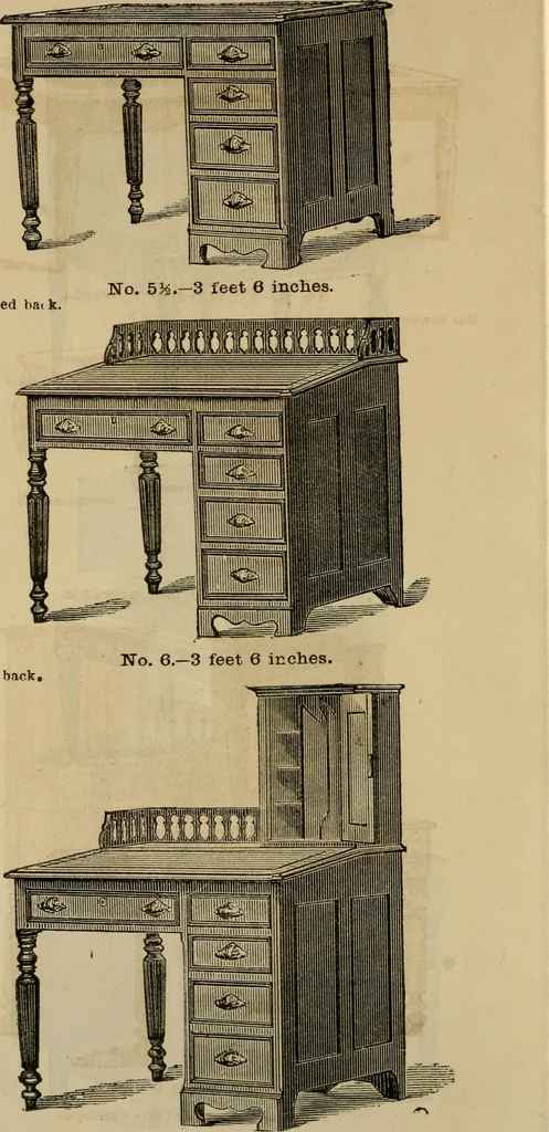 An illustration from Designs of writing desks, tables, bookcases, secretaries, etc., etc., 1873, leaf 7