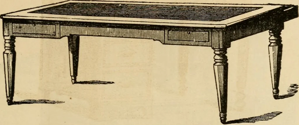 An illustration from Designs of writing desks, tables, bookcases, secretaries, etc., etc., 1873, leaf 8