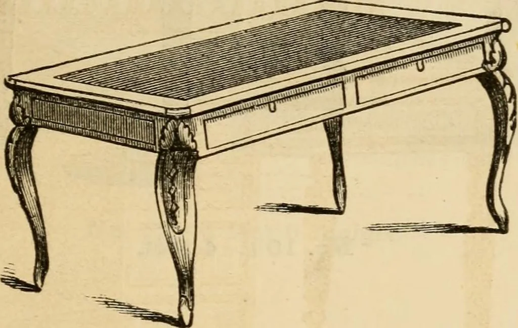 An illustration from Designs of writing desks, tables, bookcases, secretaries, etc., etc., 1873, leaf 8