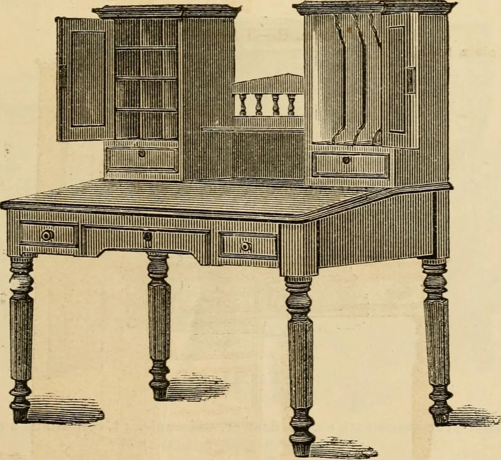 An illustration from Designs of writing desks, tables, bookcases, secretaries, etc., etc., 1873, leaf 8