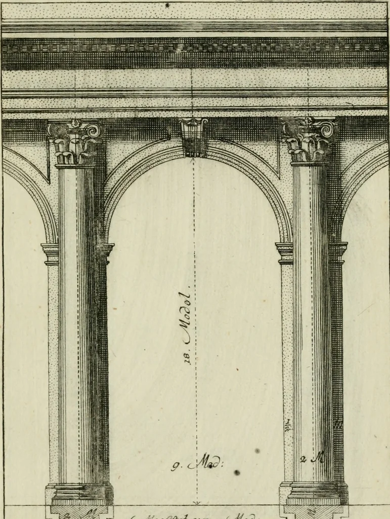 An illustration from Des Jacobi Barozzi von Vignola Grund Regeln über die fünff Säulen auffs neue zum fleissigsten ubersehen, mit unterschtedenen nöthingen Regeln vermehret und mit 50 rissern in Kupffer, 1720, leaf 116