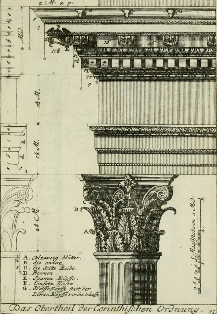 An illustration from Des Jacobi Barozzi von Vignola Grund Regeln über die fünff Säulen auffs neue zum fleissigsten ubersehen, mit unterschtedenen nöthingen Regeln vermehret und mit 50 rissern in Kupffer, 1720, leaf 98