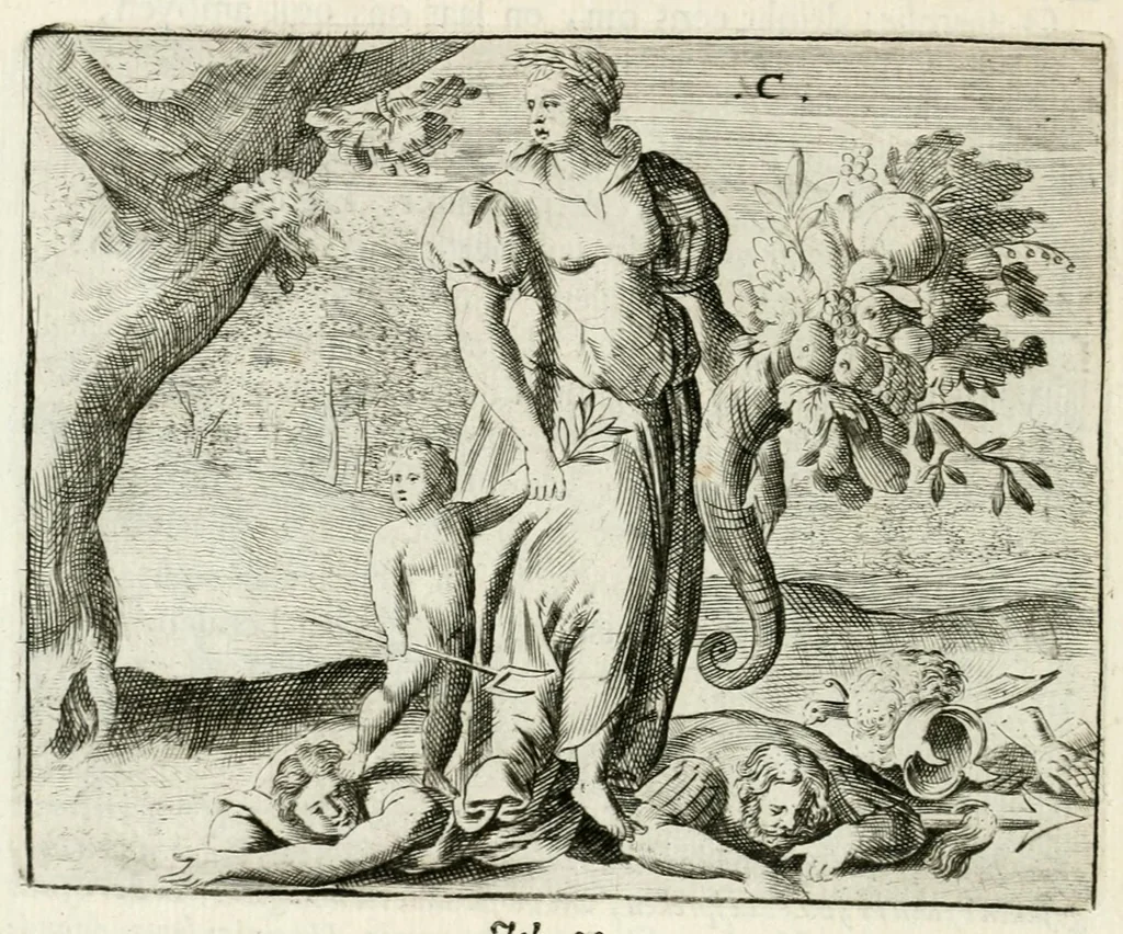 An illustration from Toonneel des menschelyken levens, of, De vernieuwde gulden winkel : waar in door poëtische, historische, morale, en schriftuurlijke leeringen, den mensche vertoont werd, hoedanig hy zijn leven, handel, en wandel, zediglijk, eerbaarlijk en vermakelijk zal overbrengen, 1699, leaf 34