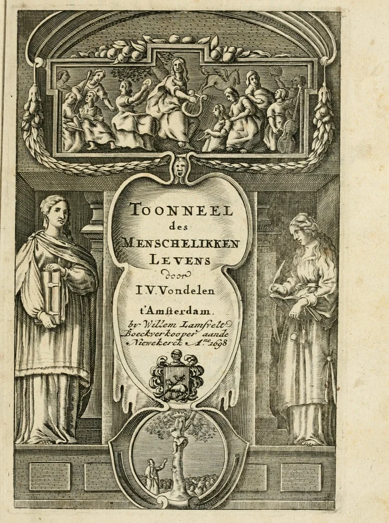An illustration from Toonneel des menschelyken levens, of, De vernieuwde gulden winkel : waar in door poëtische, historische, morale, en schriftuurlijke leeringen, den mensche vertoont werd, hoedanig hy zijn leven, handel, en wandel, zediglijk, eerbaarlijk en vermakelijk zal overbrengen, 1699, leaf 5