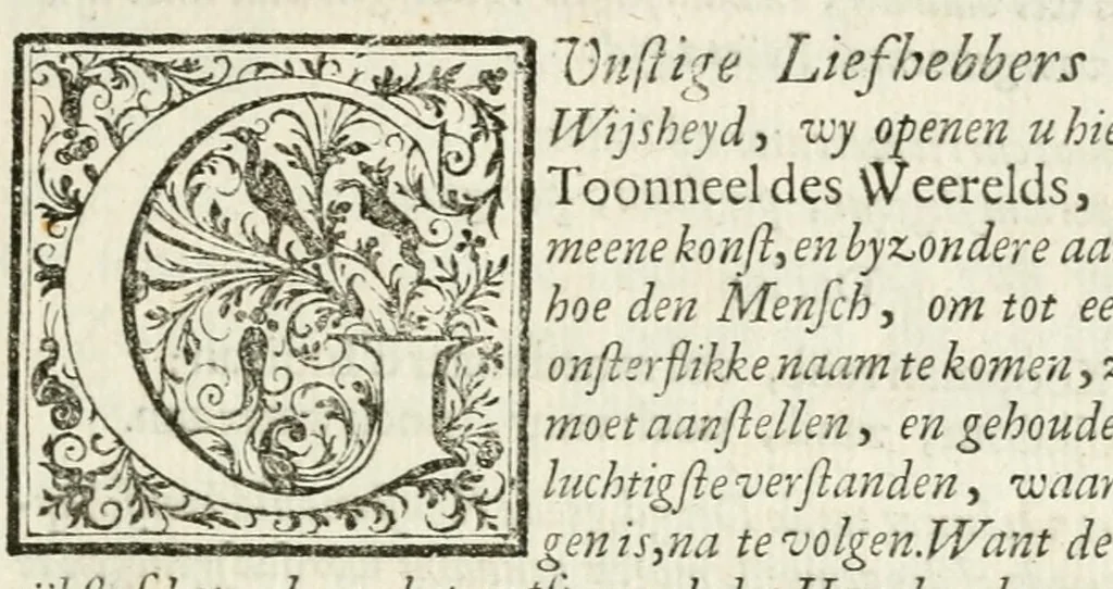An illustration from Toonneel des menschelyken levens, of, De vernieuwde gulden winkel : waar in door poëtische, historische, morale, en schriftuurlijke leeringen, den mensche vertoont werd, hoedanig hy zijn leven, handel, en wandel, zediglijk, eerbaarlijk en vermakelijk zal overbrengen, 1699, leaf 9