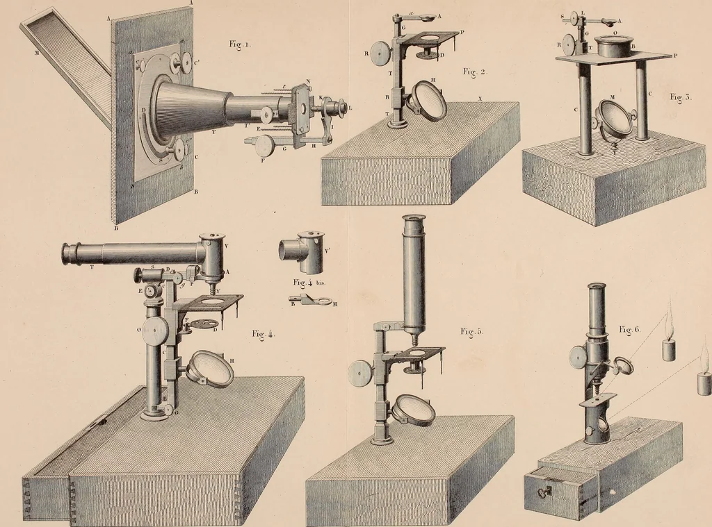 An illustration from Des microscopes et de leur usage : description d'appareils et de procédés nouveaux, suivie d'expériences microscopiques puisées dan les meilleurs ouvrages anciens et les notes de M. Le Baillif, et d'un mémoire sur les diatomées, etc. par M. De Brébisson, 1839, leaf 306