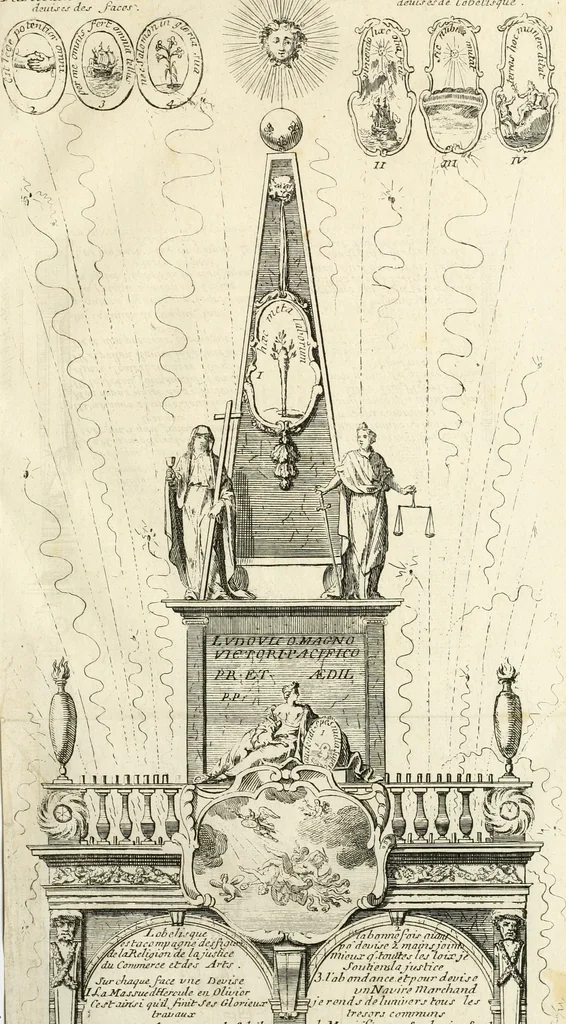 An illustration from Dessein du feu d'artifice : elevé devant l'Hôtel de Ville le jour du Te Deum chanté en l'eglise Nôtre-Dame, le 16 November 1697, en action de graces de la paix, par ordre de messieurs les prevôt des marchands & echevins de la ville de Paris, 1697, leaf 14