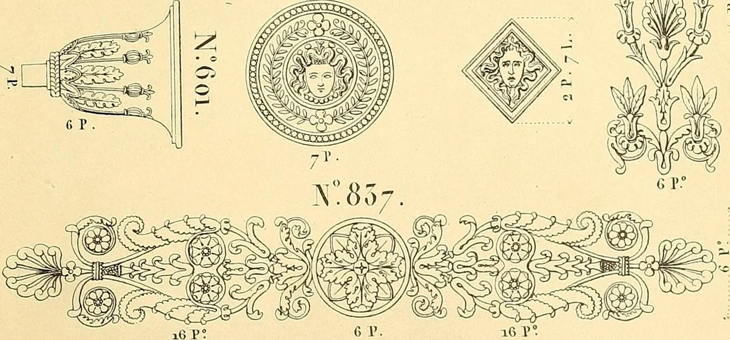 An illustration from Dessins d'ornements d'architecture de Joseph Beunat : reproduction de l'ouvrage, epoque du premier Empire, 1900, leaf 38