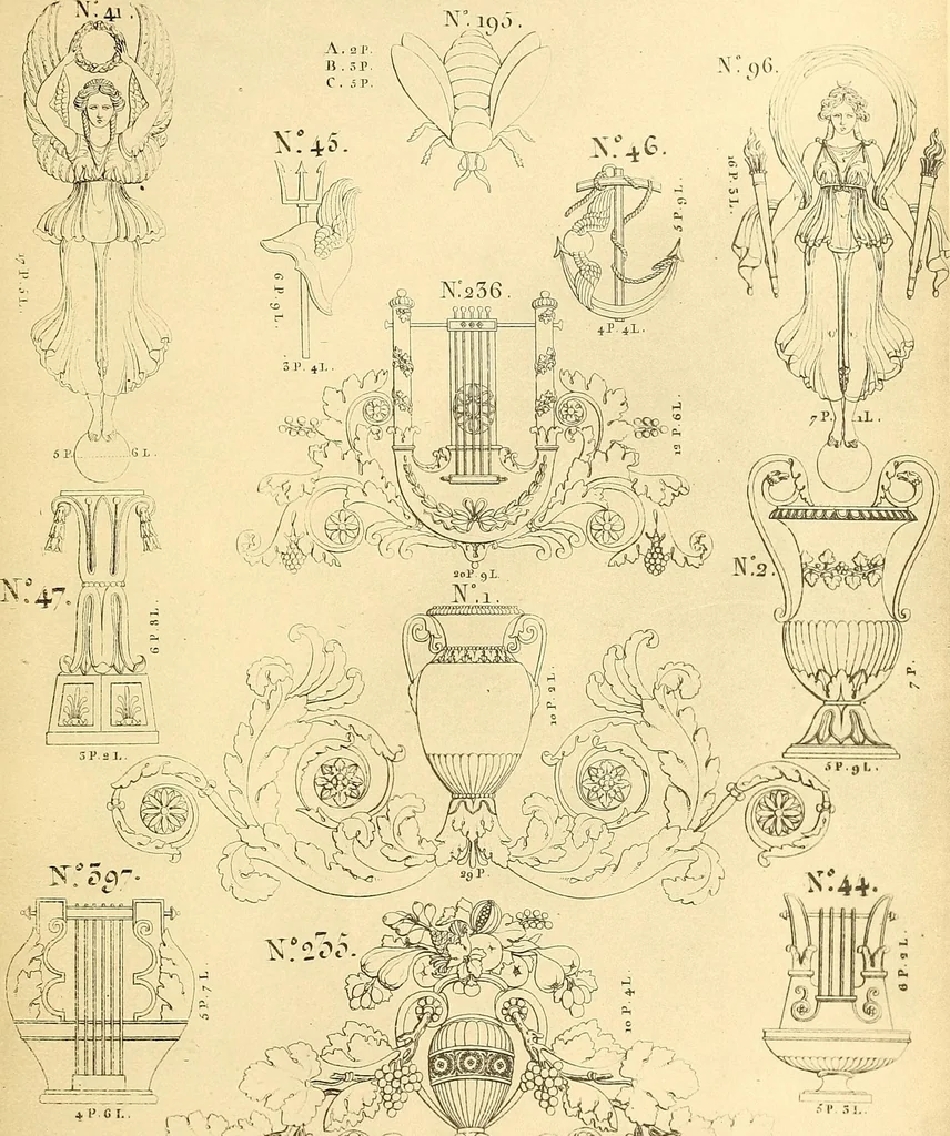 An illustration from Dessins d'ornements d'architecture de Joseph Beunat : reproduction de l'ouvrage, epoque du premier Empire, 1900, leaf 40