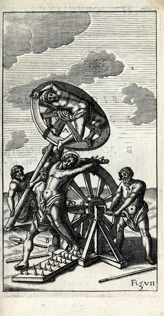 An illustration from De ss. martyrum cruciatibus liber : quo instrumenta & modi quibus ijdem martyres olim torquebantur, simul perspicuè descripta, & tabulis aeneis accuratissimè expressa sunt, 1668, leaf 115