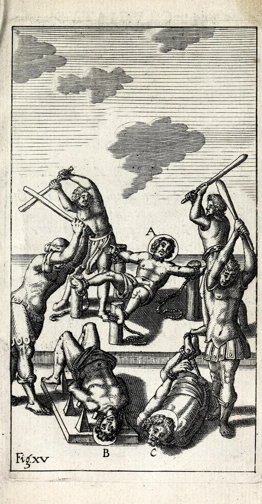 An illustration from De ss. martyrum cruciatibus liber : quo instrumenta & modi quibus ijdem martyres olim torquebantur, simul perspicuè descripta, & tabulis aeneis accuratissimè expressa sunt, 1668, leaf 277