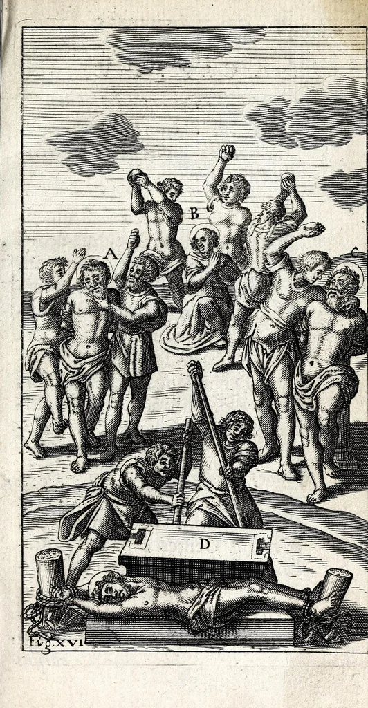 An illustration from De ss. martyrum cruciatibus liber : quo instrumenta & modi quibus ijdem martyres olim torquebantur, simul perspicuè descripta, & tabulis aeneis accuratissimè expressa sunt, 1668, leaf 279