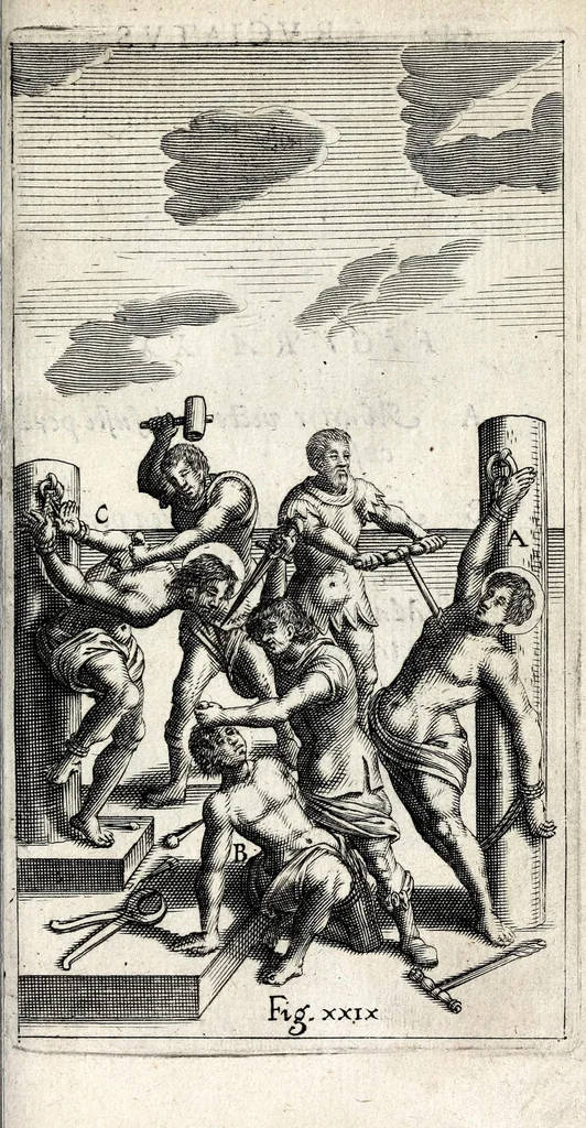 An illustration from De ss. martyrum cruciatibus liber : quo instrumenta & modi quibus ijdem martyres olim torquebantur, simul perspicuè descripta, & tabulis aeneis accuratissimè expressa sunt, 1668, leaf 429