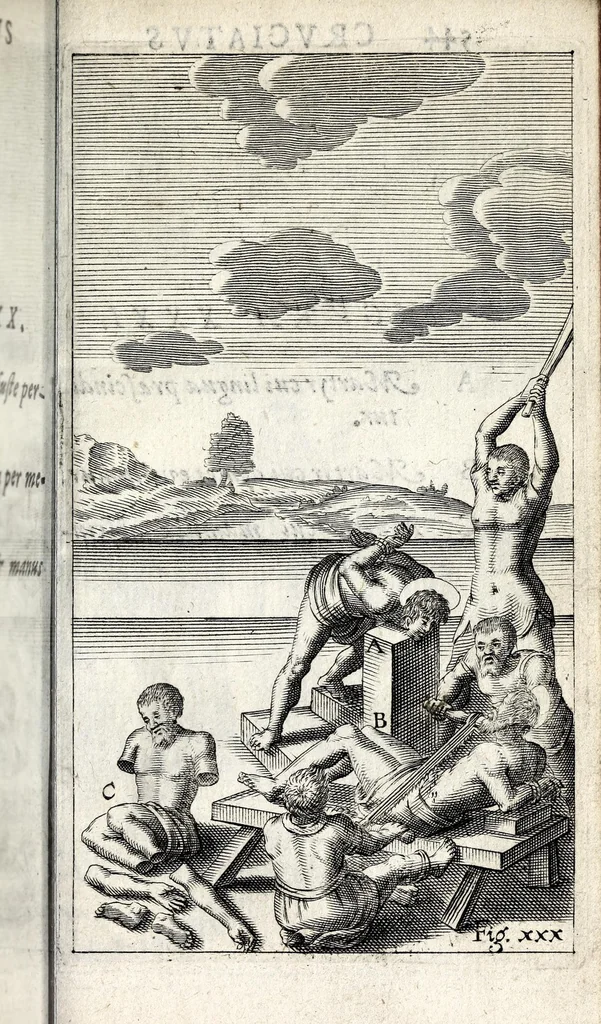 An illustration from De ss. martyrum cruciatibus liber : quo instrumenta & modi quibus ijdem martyres olim torquebantur, simul perspicuè descripta, & tabulis aeneis accuratissimè expressa sunt, 1668, leaf 431