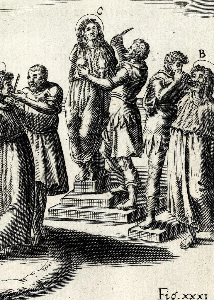 An illustration from De ss. martyrum cruciatibus liber : quo instrumenta & modi quibus ijdem martyres olim torquebantur, simul perspicuè descripta, & tabulis aeneis accuratissimè expressa sunt, 1668, leaf 435