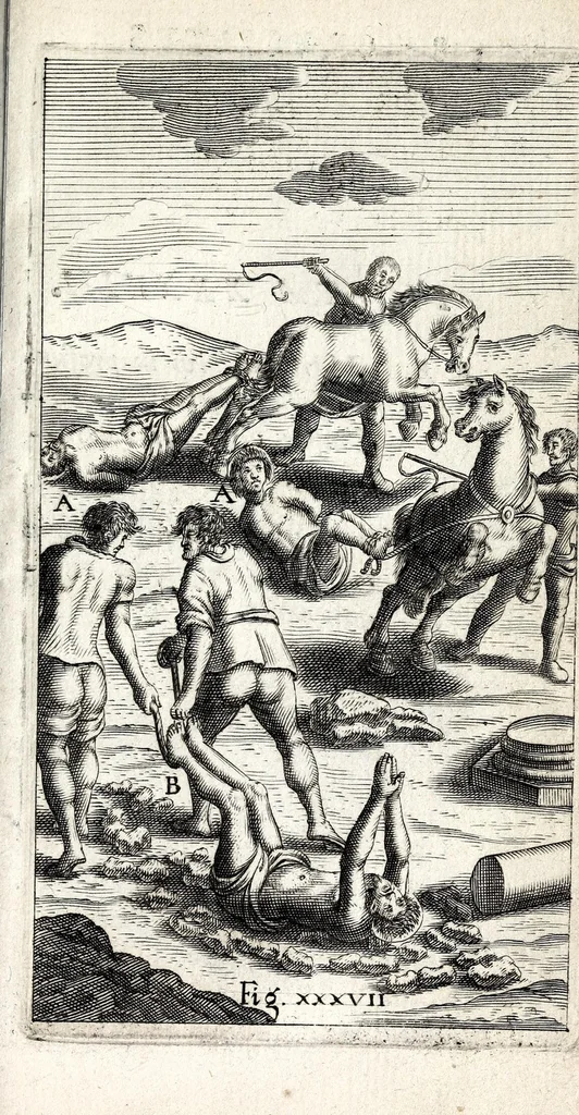 An illustration from De ss. martyrum cruciatibus liber : quo instrumenta & modi quibus ijdem martyres olim torquebantur, simul perspicuè descripta, & tabulis aeneis accuratissimè expressa sunt, 1668, leaf 447