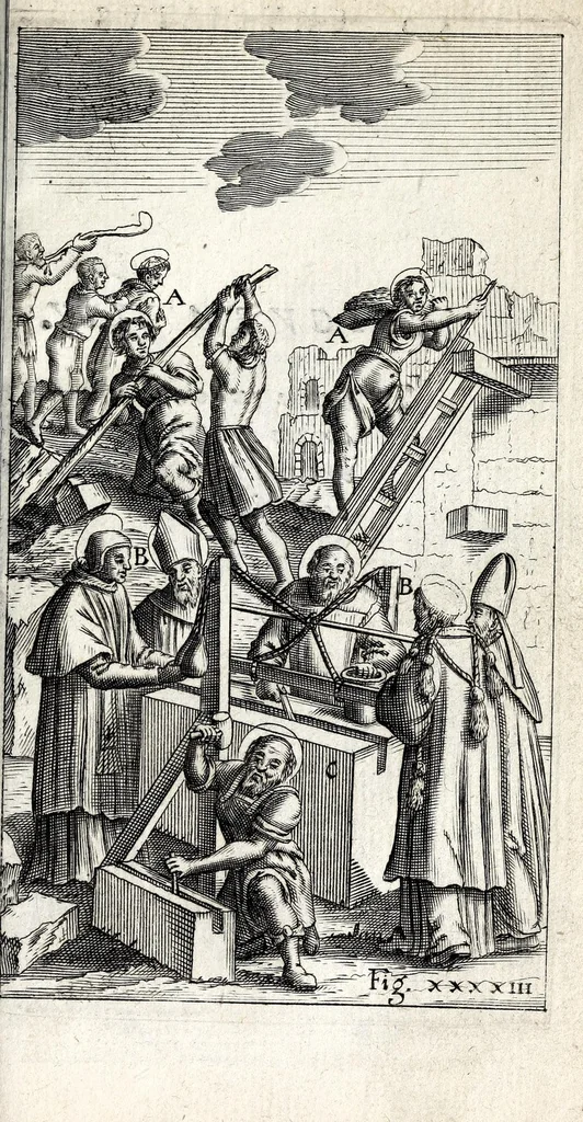 An illustration from De ss. martyrum cruciatibus liber : quo instrumenta & modi quibus ijdem martyres olim torquebantur, simul perspicuè descripta, & tabulis aeneis accuratissimè expressa sunt, 1668, leaf 459