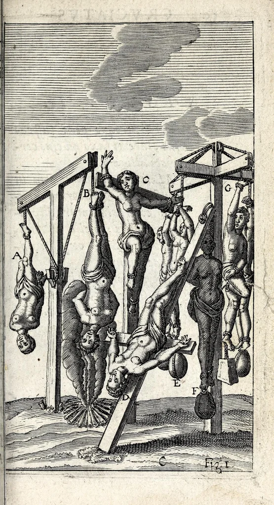 An illustration from De ss. martyrum cruciatibus liber : quo instrumenta & modi quibus ijdem martyres olim torquebantur, simul perspicuè descripta, & tabulis aeneis accuratissimè expressa sunt, 1668, leaf 77