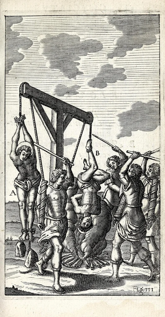 An illustration from De ss. martyrum cruciatibus liber : quo instrumenta & modi quibus ijdem martyres olim torquebantur, simul perspicuè descripta, & tabulis aeneis accuratissimè expressa sunt, 1668, leaf 81