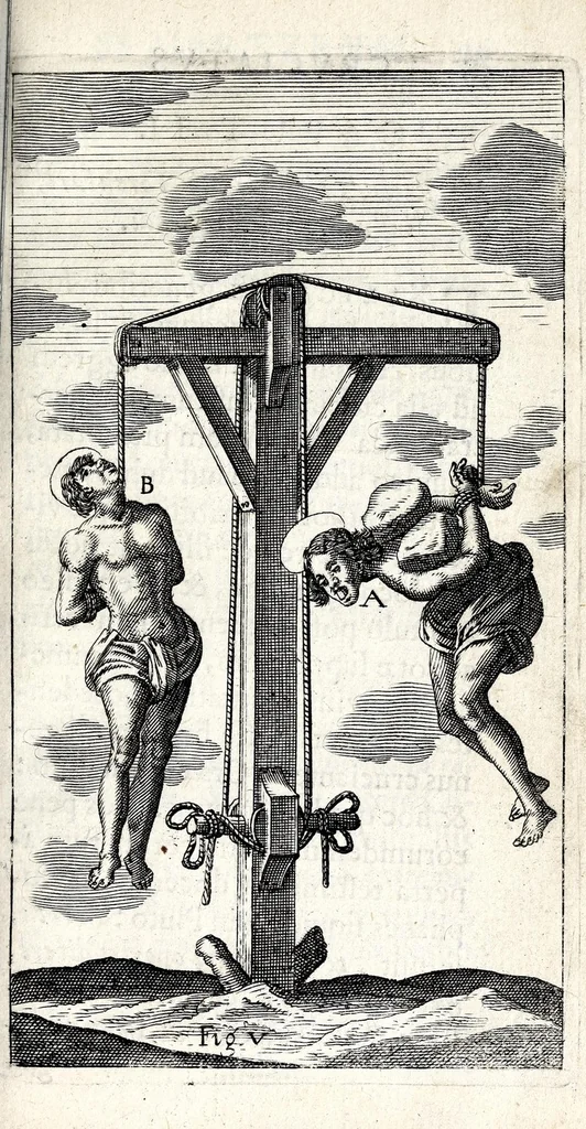An illustration from De ss. martyrum cruciatibus liber : quo instrumenta & modi quibus ijdem martyres olim torquebantur, simul perspicuè descripta, & tabulis aeneis accuratissimè expressa sunt, 1668, leaf 85