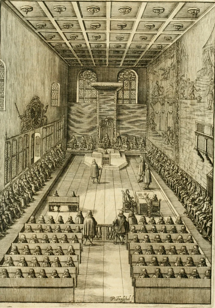 An illustration from De statu publico Europae novissimo tractatus, in quo unà cùm aliis nobilissimis atque utilissimis materiis juris publici, practici magis, quàm speculativi, illustres controversiae, praetensiones, judicia politica, praecedentiarum quaestiones & decisiones, tàm in comitiis imperii, quàm alibi agitatae, reperiuntur. Quibus insuper accesserunt, instar commentarii, paratitla de aurea bulla, recessibus imperii, ordinatione camerali, pace religiosa & profana, item capitulatione caesarea, 1675, leaf 1358