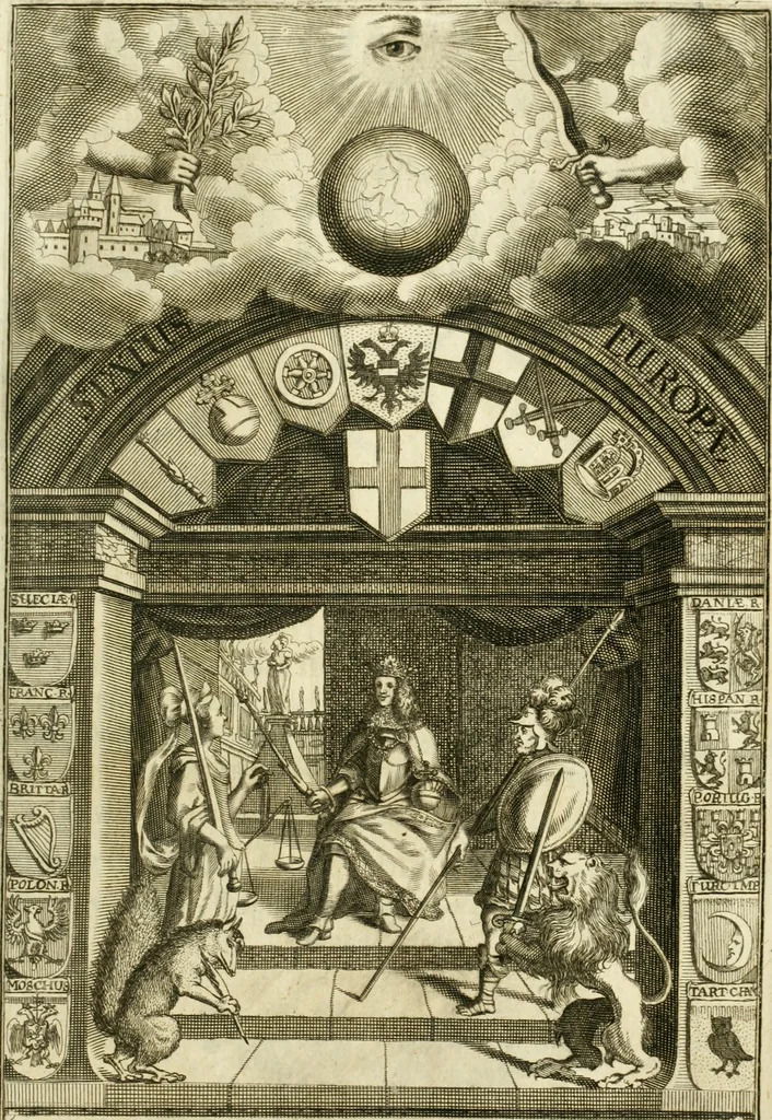 An illustration from De statu publico Europae novissimo tractatus, in quo unà cùm aliis nobilissimis atque utilissimis materiis juris publici, practici magis, quàm speculativi, illustres controversiae, praetensiones, judicia politica, praecedentiarum quaestiones & decisiones, tàm in comitiis imperii, quàm alibi agitatae, reperiuntur. Quibus insuper accesserunt, instar commentarii, paratitla de aurea bulla, recessibus imperii, ordinatione camerali, pace religiosa & profana, item capitulatione caesarea, 1675, leaf 6