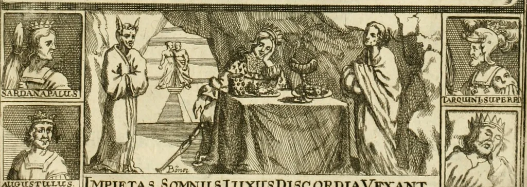 An illustration from De statu publico Europae novissimo tractatus, in quo unà cùm aliis nobilissimis atque utilissimis materiis juris publici, practici magis, quàm speculativi, illustres controversiae, praetensiones, judicia politica, praecedentiarum quaestiones & decisiones, tàm in comitiis imperii, quàm alibi agitatae, reperiuntur. Quibus insuper accesserunt, instar commentarii, paratitla de aurea bulla, recessibus imperii, ordinatione camerali, pace religiosa & profana, item capitulatione caesarea, 1675, leaf 6