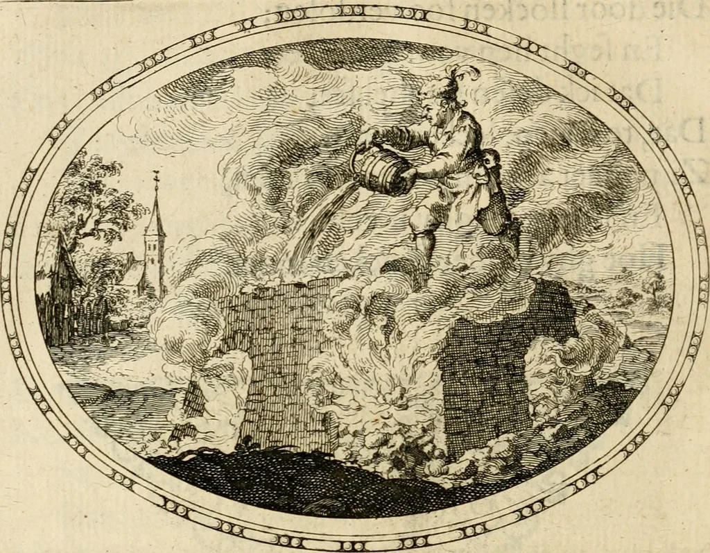 An illustration from Des wereldts proef-steen, ofte, De ydelheydt door de waerheyd beschuldight ende overtuyght van valscheydt, 1643, leaf 117
