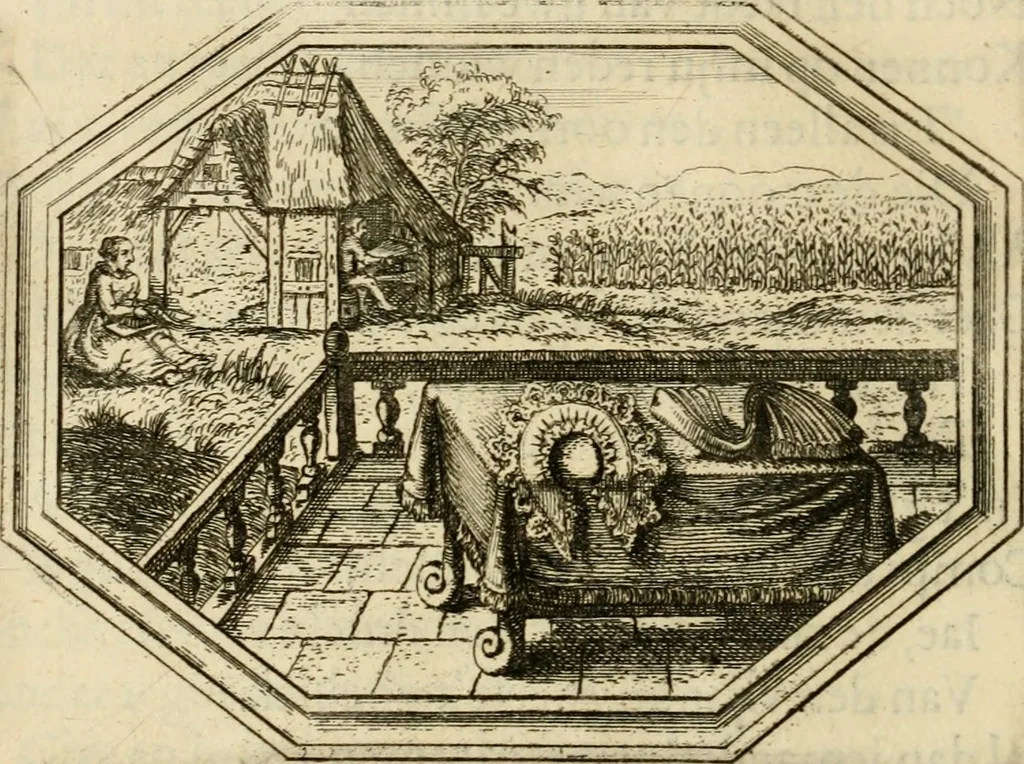 An illustration from Des wereldts proef-steen, ofte, De ydelheydt door de waerheyd beschuldight ende overtuyght van valscheydt, 1643, leaf 371