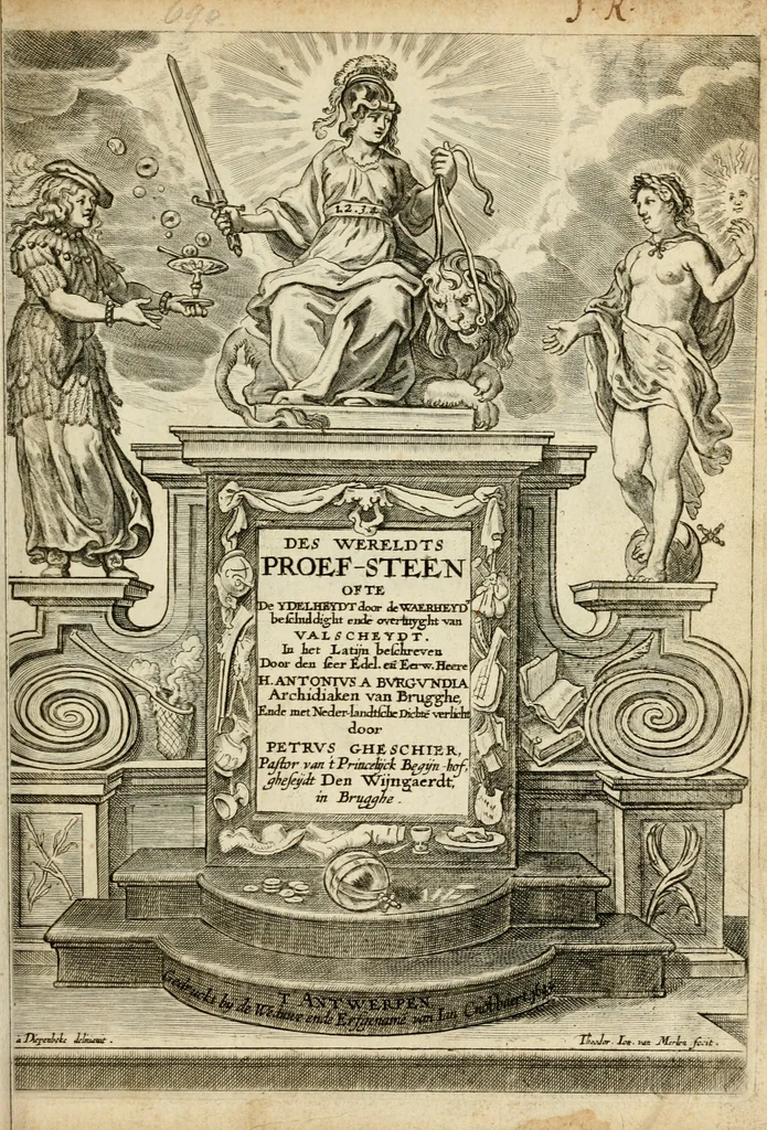 An illustration from Des wereldts proef-steen, ofte, De ydelheydt door de waerheyd beschuldight ende overtuyght van valscheydt, 1643, leaf 4