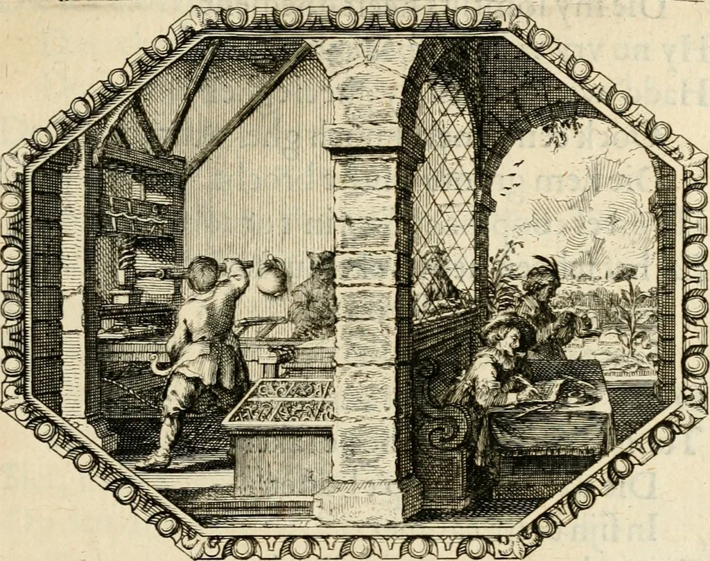An illustration from Des wereldts proef-steen, ofte, De ydelheydt door de waerheyd beschuldight ende overtuyght van valscheydt, 1643, leaf 54