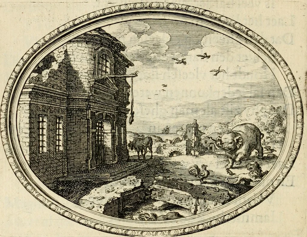 An illustration from Des wereldts proef-steen, ofte, De ydelheydt door de waerheyd beschuldight ende overtuyght van valscheydt, 1643, leaf 69