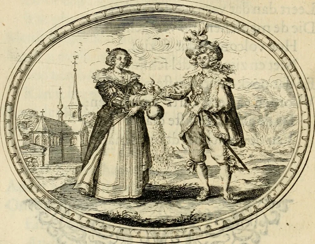 An illustration from Des wereldts proef-steen, ofte, De ydelheydt door de waerheyd beschuldight ende overtuyght van valscheydt, 1643, leaf 75