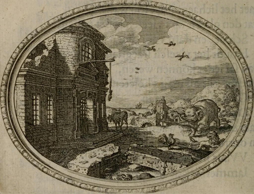 An illustration from Des wereldts proef-steen ofte De ydelheydt door de waerheyd beschuldight ende overtuyght van valscheydt, 1643, leaf 69