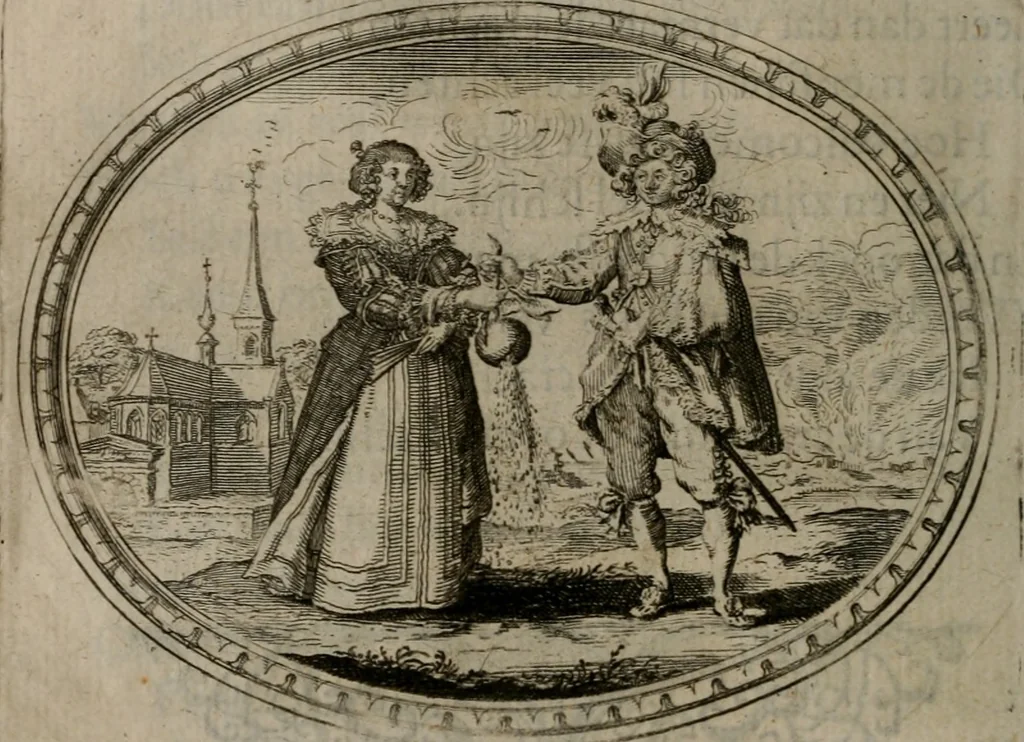 An illustration from Des wereldts proef-steen ofte De ydelheydt door de waerheyd beschuldight ende overtuyght van valscheydt, 1643, leaf 75