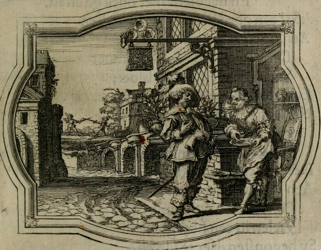 An illustration from Des wereldts proef-steen ofte De ydelheydt door de waerheyd beschuldight ende overtuyght van valscheydt, 1643, leaf 98