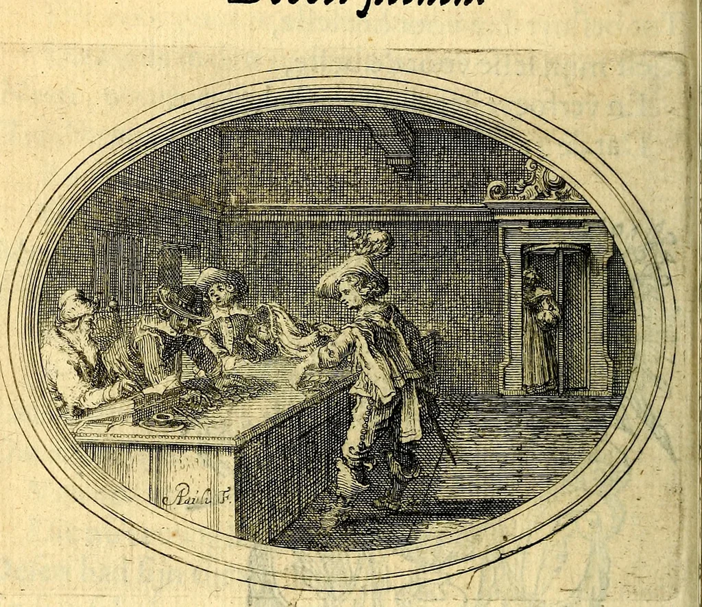 An illustration from Des wereldts proef-steen, ofte, De ydelheydt door de waerheyd beschuldight ende overtuyght van valscheydt, 1643, leaf 187