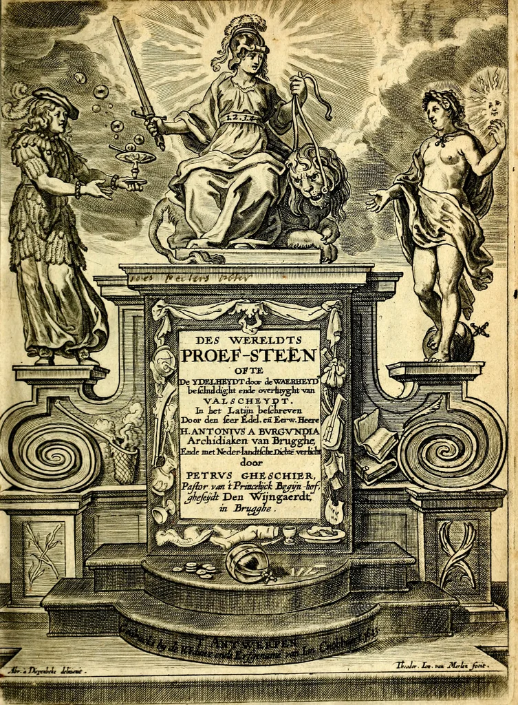 An illustration from Des wereldts proef-steen, ofte, De ydelheydt door de waerheyd beschuldight ende overtuyght van valscheydt, 1643, leaf 4